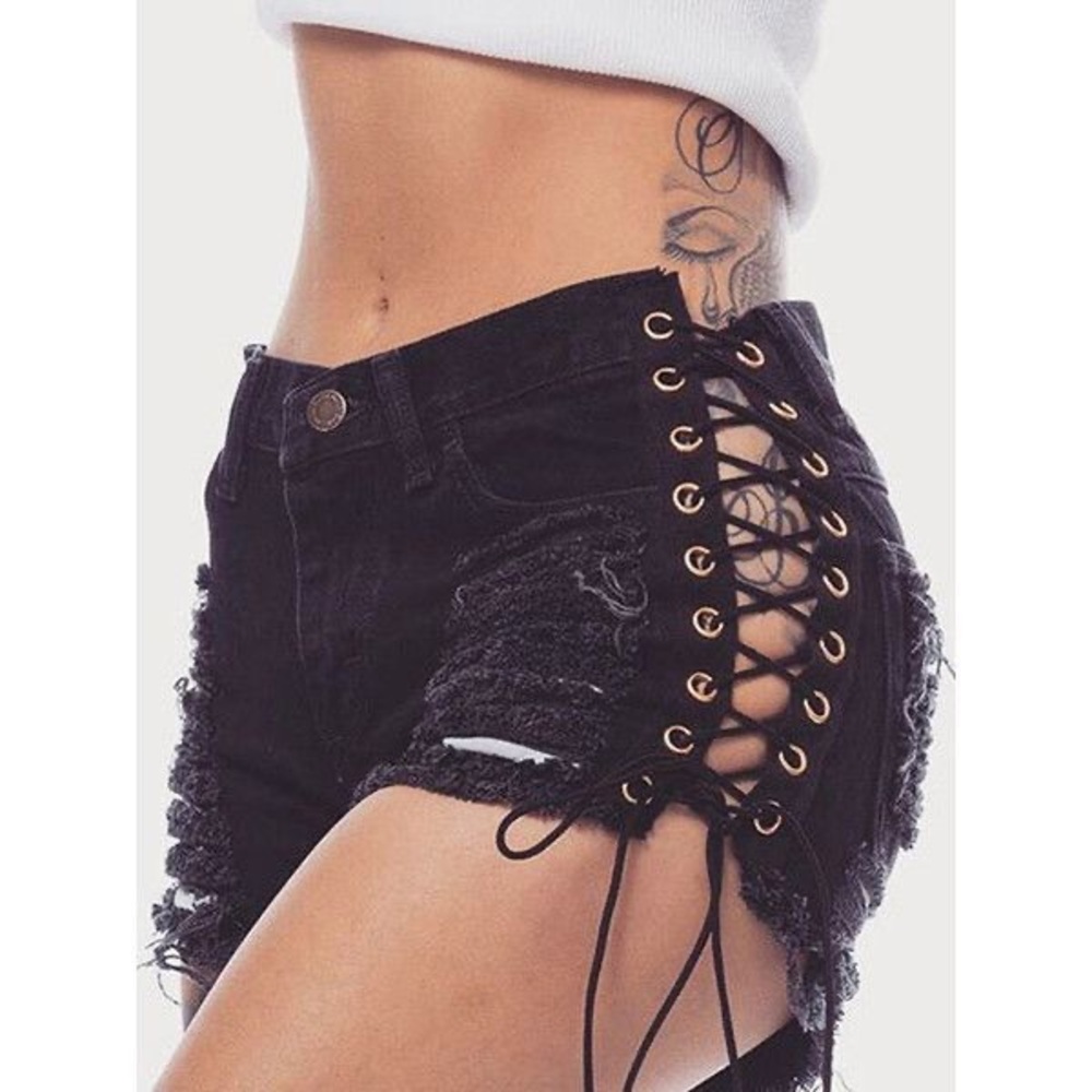 Very Cool Black Distressed Lace Up Jean Shorts